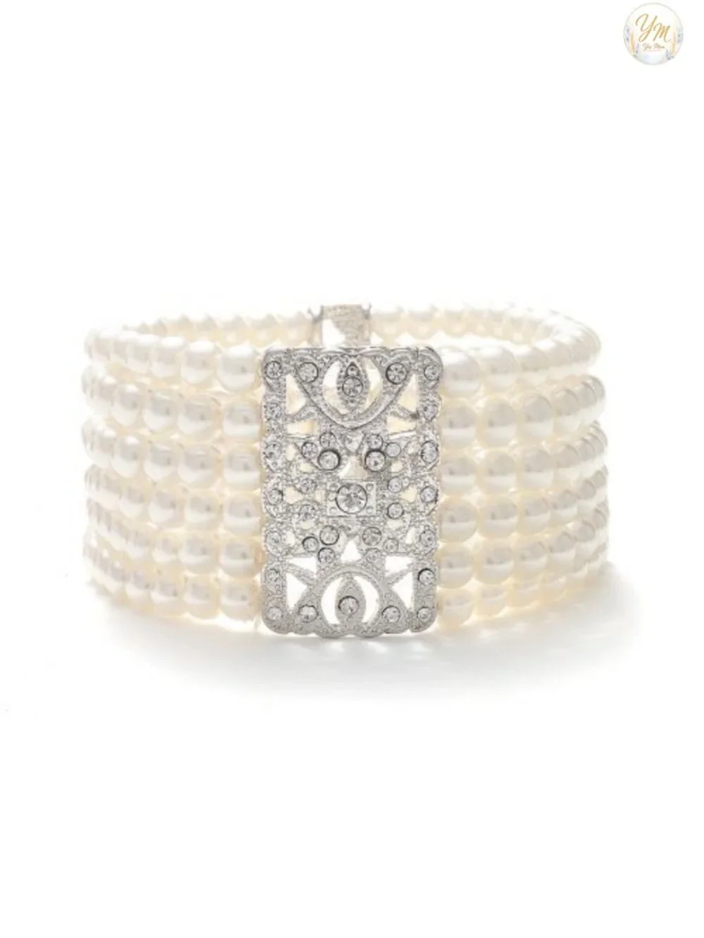 Vintage Art Deco Crystal and Pearl Stretch Cuff Bracelet, Simulated Pearls,